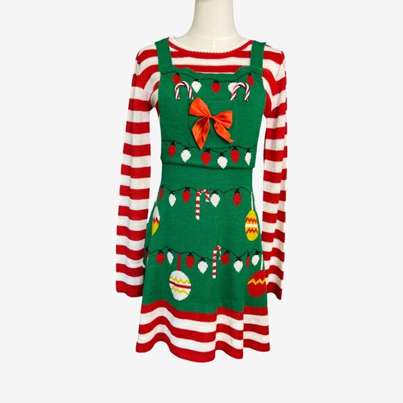Born Famous Christmas Sweater Dress Green Red Striped Candy Cane Bow Size M - Picture 1 of 8